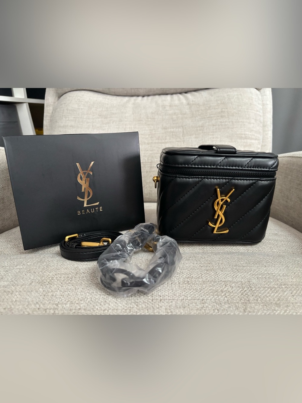 Saint Laurent GWP Black Quilted Leather Vanity Case with Gold YSL Hardware